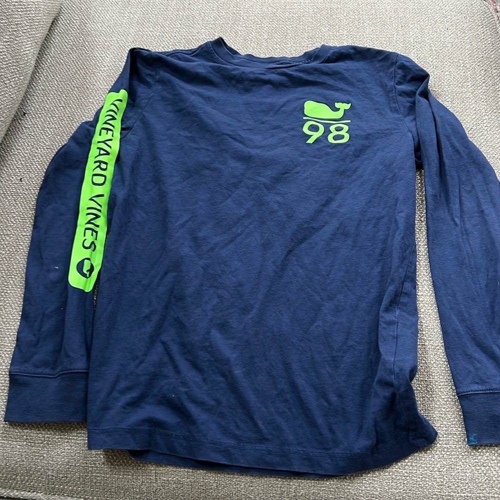 Boys long sleeve vineyard, vines, T-shirt, navy blue, and lime green